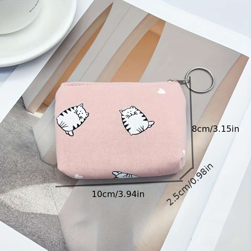 1pc Cute Cat Print Canvas Coin Pouch Portable Fashionable Zipper Wallet with Whimsical Blue