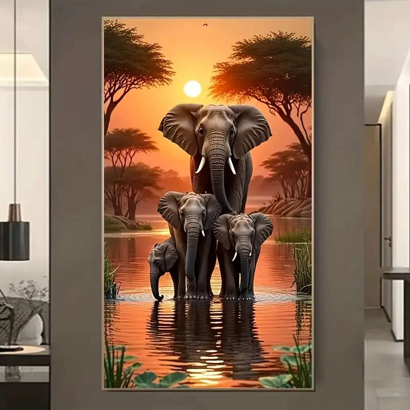 1pc 5D DIY Diamond Painting Kit Elephants and Sunset Scenery Full Drill Round Diamond Art Mosaic Cra