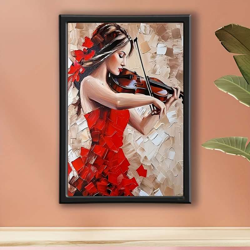 1pc  Framed Abstract Canvas Art Elegant Woman Playing Violin in Red Dress Unique Wall Decor f