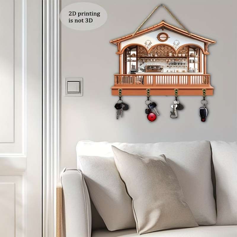 2D Flat 1pc Charming Cottage Simple Colorful Wooden And Home Key Hanger with Four Metal Hooks (30