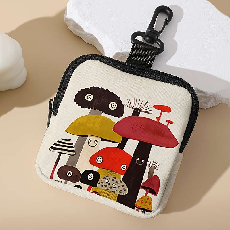 1pc Pack of 1 Cute Mushroom Pattern Printed Coin Purse with Buckle and Zipper Pockets Multifuncti