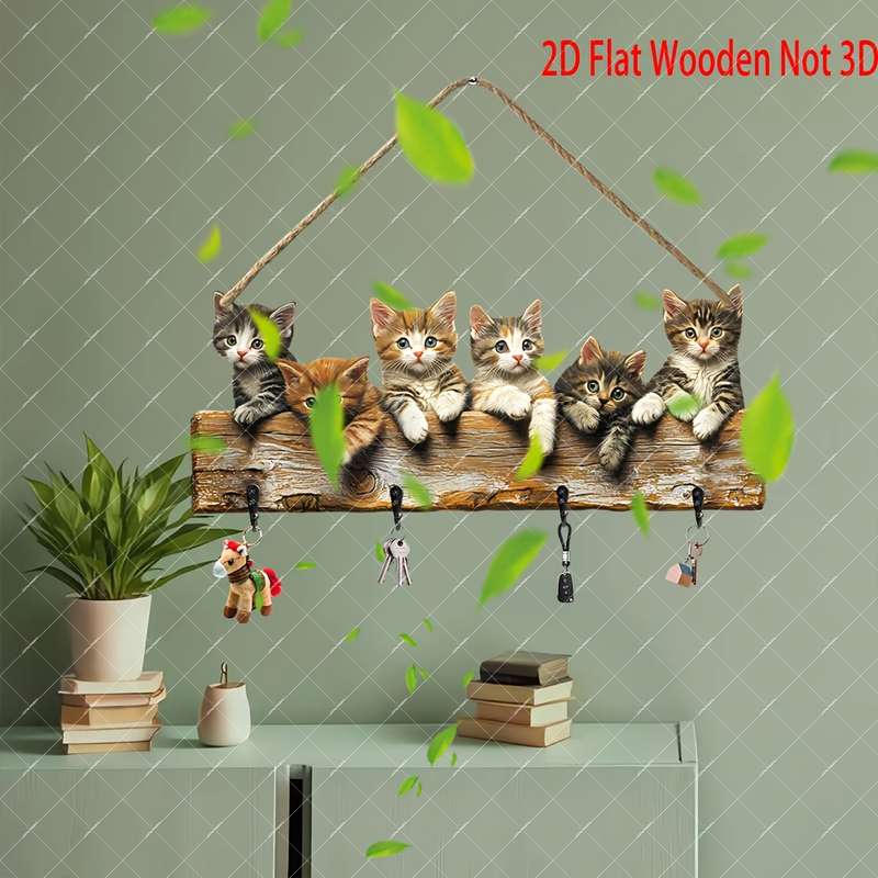 2D Flat Charming 2D Flat Wooden Key Hanger with Adorable Kitten Design"Together We Create Happi