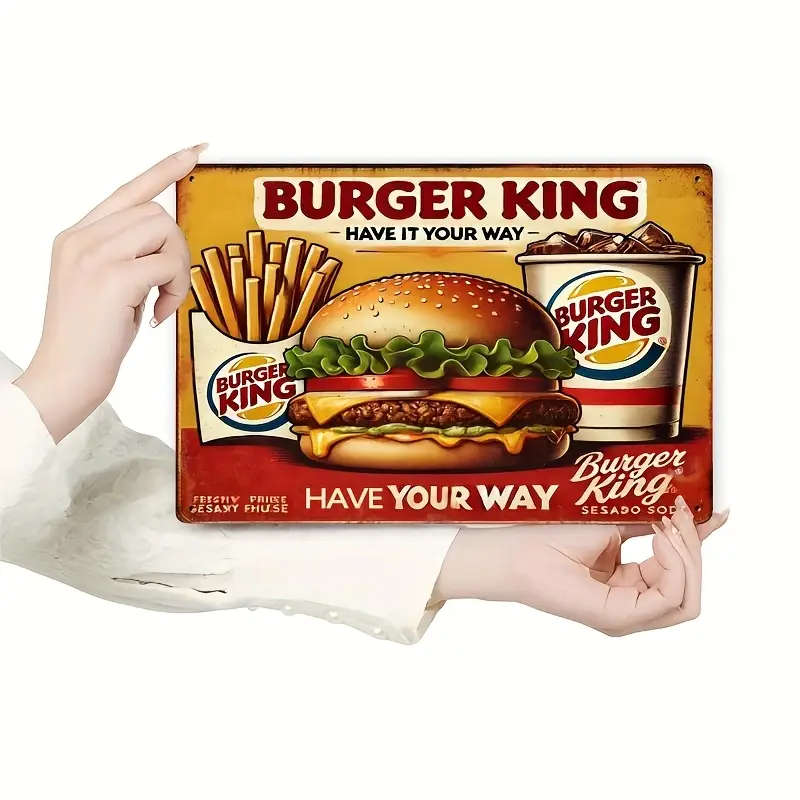 1pc Vintage Burger King Metal Wall Sign 20.32x30.48cm Retro Fast Food Decor with Classic Logo for Ki