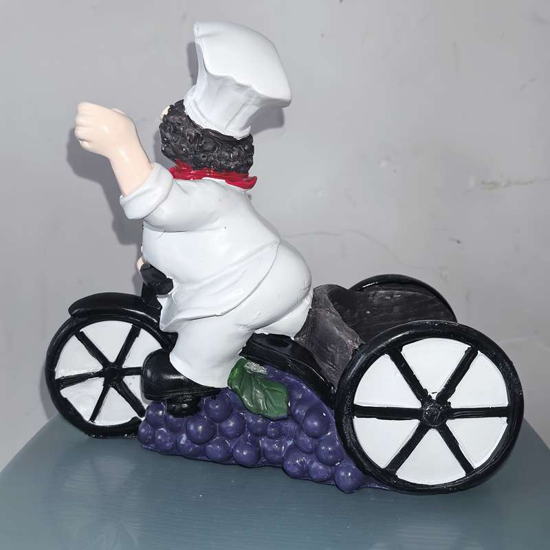 1pc Chef on Tricycle Wine Rack Resin Figurine with Red Hat White Apron Holds Wine Glasses