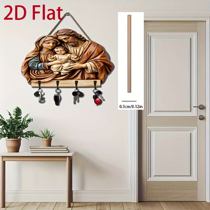 2D Flat 2D Wooden Key Holder with Four Metal HooksVibrant Jesus Mary  Family Carving Ideal for