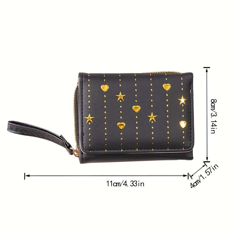 1pc 2025 Newest Women'S Fashionable Short Wallet Black with Golden Star and Heart Design Slim Mu