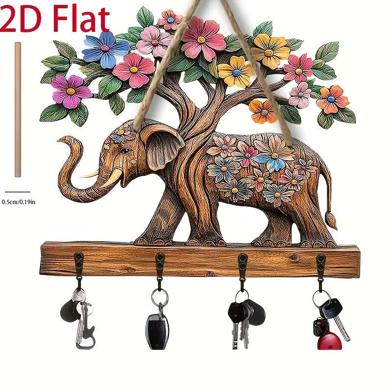 2D Flat 1pc Floral Elephant Simple Colorful Wooden and Home Key Hanger with Four Metal Hooks 2D Fl