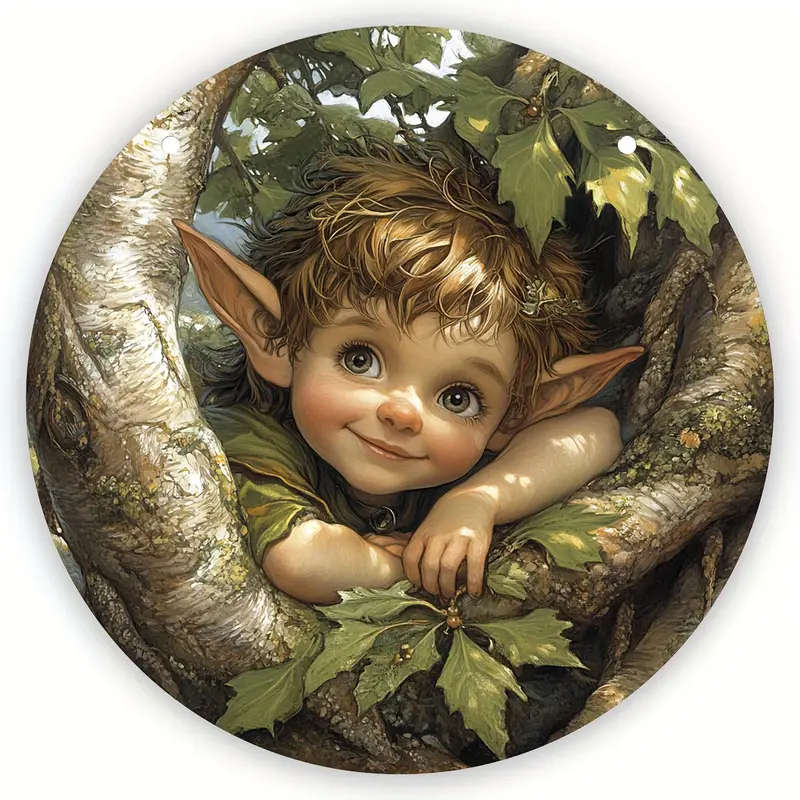 1pc Round Wooden Sign with Big Eyes Elf Design Long Ears Fairy Emblem Cute Girl Decor Scenic Christm