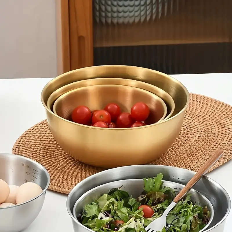 3pcs Golden Stainless Steel Mixing Bowls Set with Measurements Rust-Resistant Non-Slip Durable Kitch