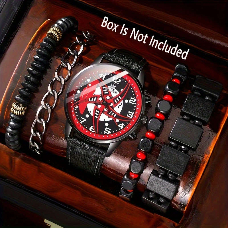 5pcs set Men's Fashion Red Black Quartz PU Leather Watch And Bead Bracelet Set Gift For Him