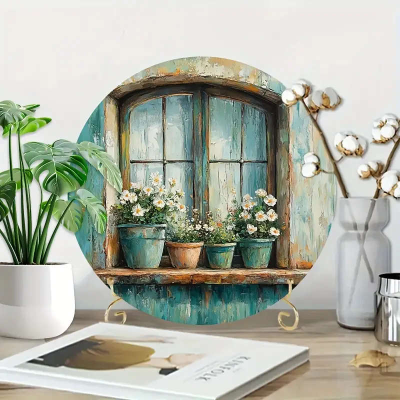 1pc 2D Tin Sign Window With Flowers In Pots Retro Aluminum Circular Metal Sign Metal Wreath Sign Ret