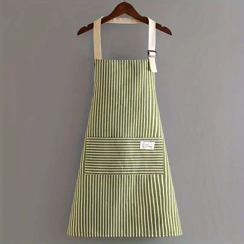 1pc Striped Polyester Apron with Pockets Breathable Waterproof Oil-Resistant Adjustable Neck Strap f
