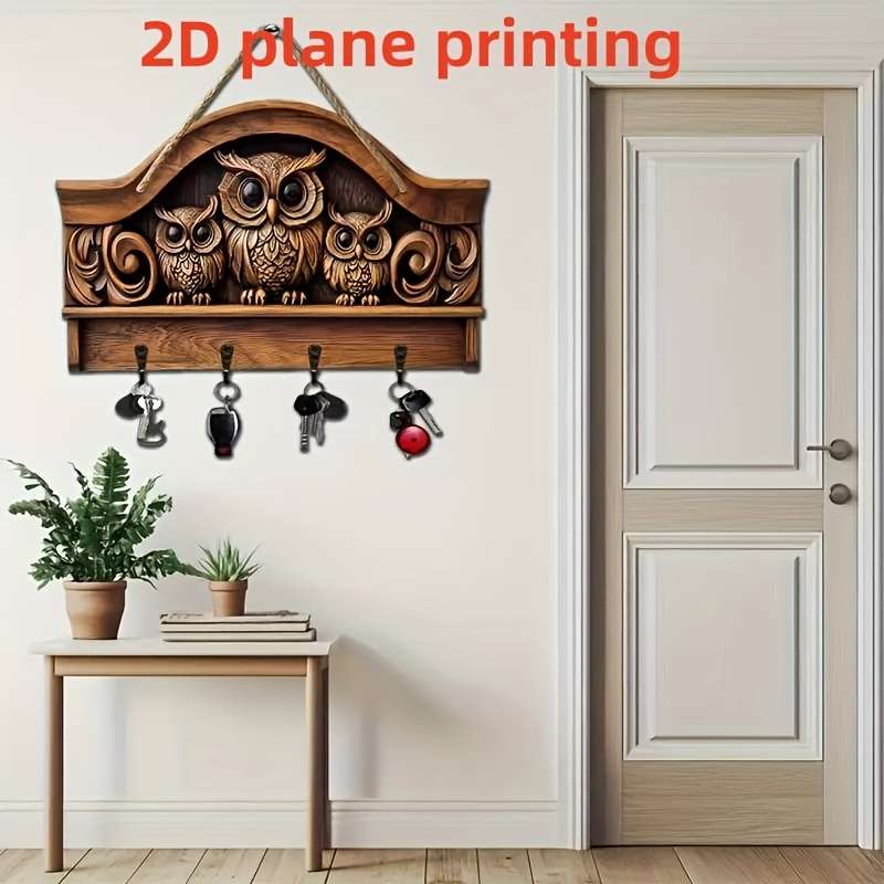 A 2D Printed Piece Featuring Three Owls a Simple And Colorful Wooden Key Hook with Four Metal Hooks
