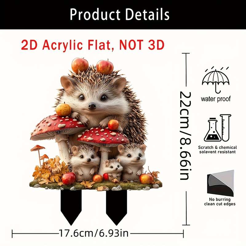 1pc 2D Flat  1-Pack Bohemian Style Crystal Hedgehog Garden Sign Humorous Animal Theme Outdoor Deco