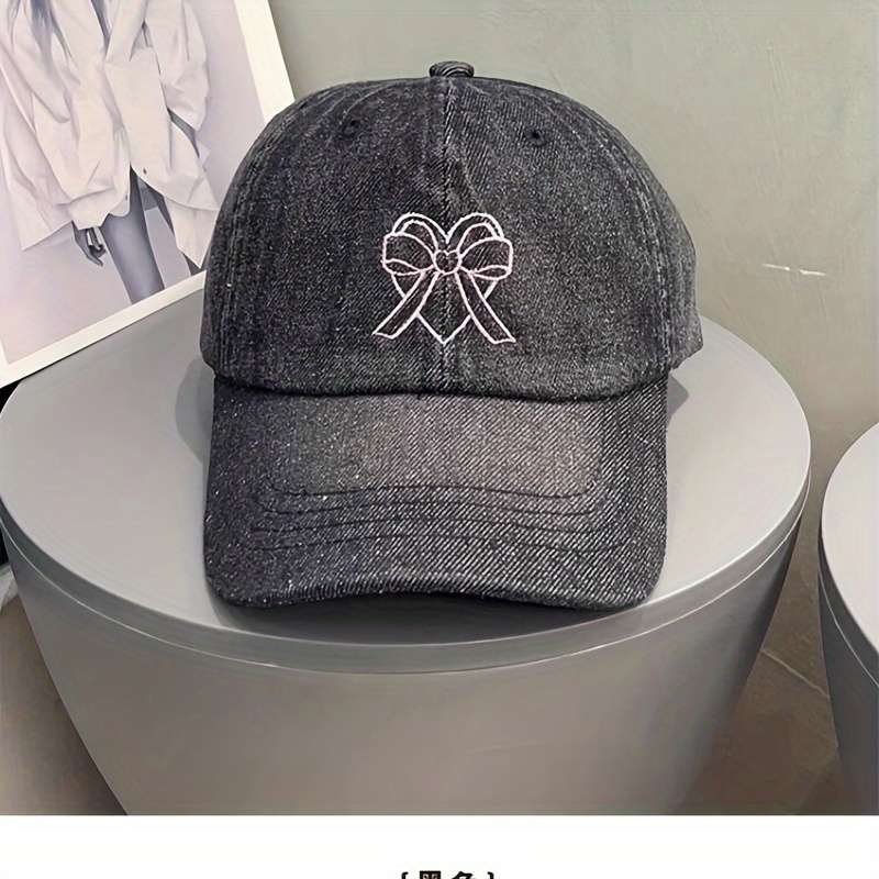 1pc Baseball Cap With Embroidered Love Heart Bow Casual Denim Face-Slimming Design Unisex Trendy
