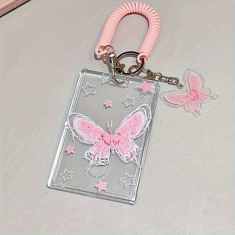 1pc Y2K-Inspired Butterfly Design Transparent ID Card Holder with Keychain Durable Plastic Anti-