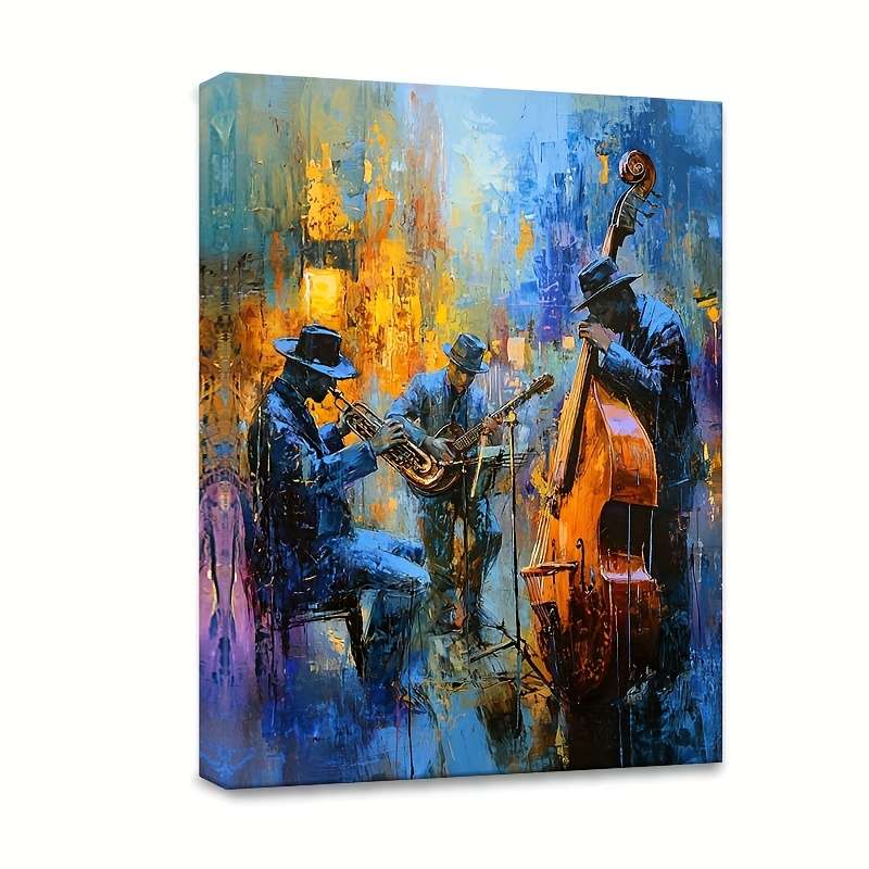 1pc Vibrant Jazz Musicians Canvas Art 30.48x40.64 cm Framed Wall Decor with Wooden Frame Blue