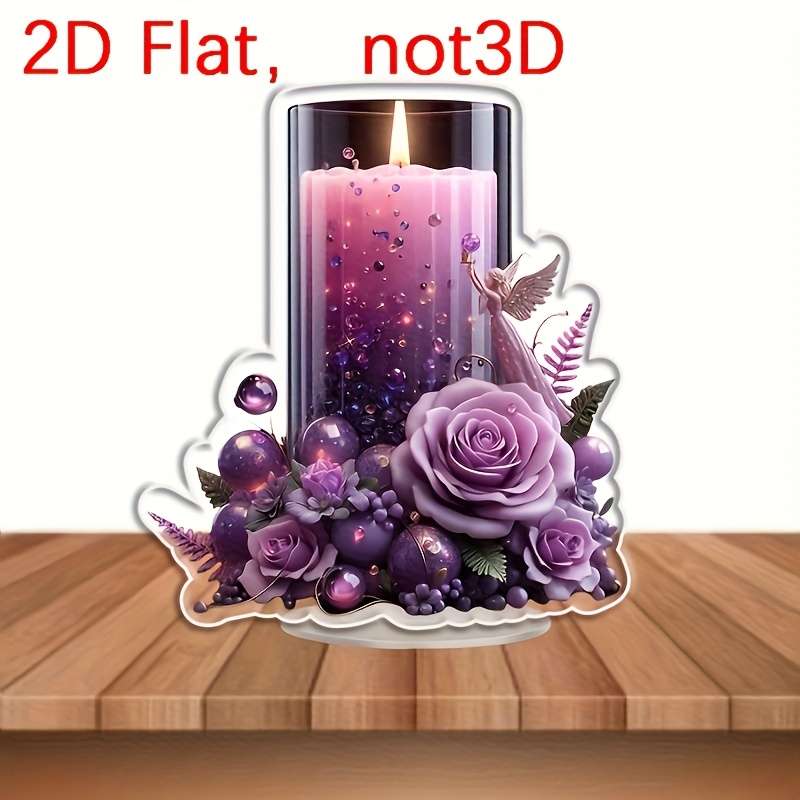 1pc 2D Flat  Purple Acrylic Candle Decor with Angel Roses Romantic  Design for Home Offi