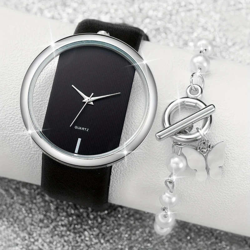 2pcs Set Women'S Fashion Hollow Dial Quartz Wrist Watch and Bracelet Set Round Alloy Case Faux Leath