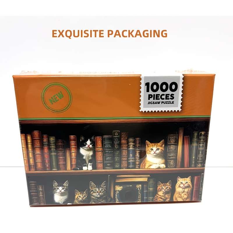 1000pcs Mini Jigsaw Puzzle Cute Cats on Bookshelf Design 38x26cm Gray Cardboard