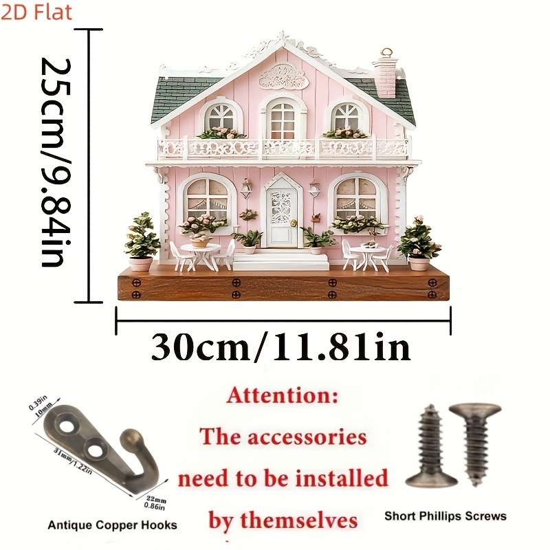 2D Flat Pink Cottage Wooden Key Holder with 4 Metal HooksCharming Wall Decor for Home Porch and