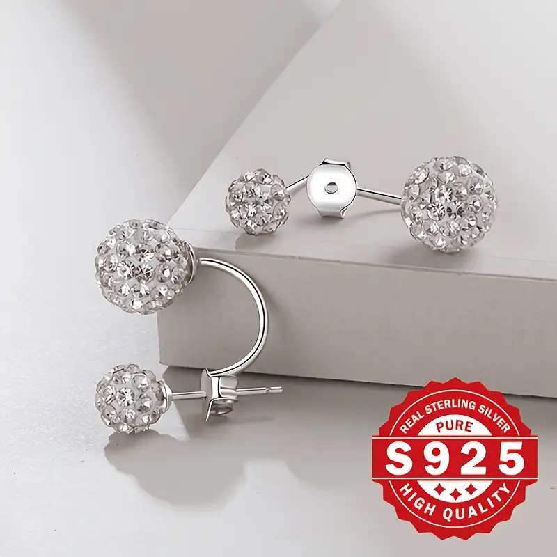Pair of Women's Rhinestone Ball Earrings, 925 Sterling Silver Plated