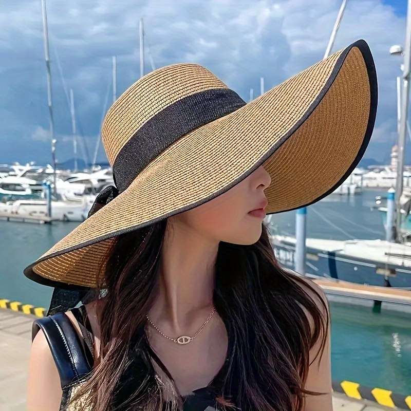 1pc Women's Extra Large Brim Summer Hat Foldable Anti-UV Protection Beach Hat With Ribbon Bow