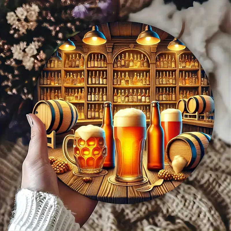 1pc Aluminum Beer Bar Scene Round Sign 20cm Foiled Engraving Art with Frothy Mugs for Home Office Pa