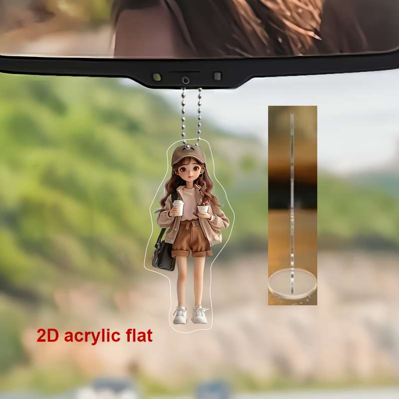 1pc 2D Flat   Acrylic Pendant Cute Girl Drinking Coffee Ornament for Car Rearview Mirror Bag C