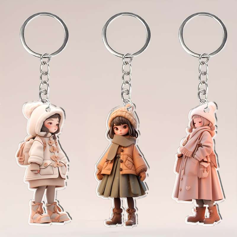 1pc 2D Flat Acrylic Trendy Winter Cartoon Female Keychain Pendant