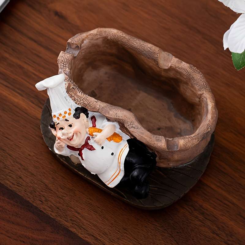 1pc Vintage Chef Ashtray Resin Food-Themed Oval Shape No Power Needed Home Kitchen Deco