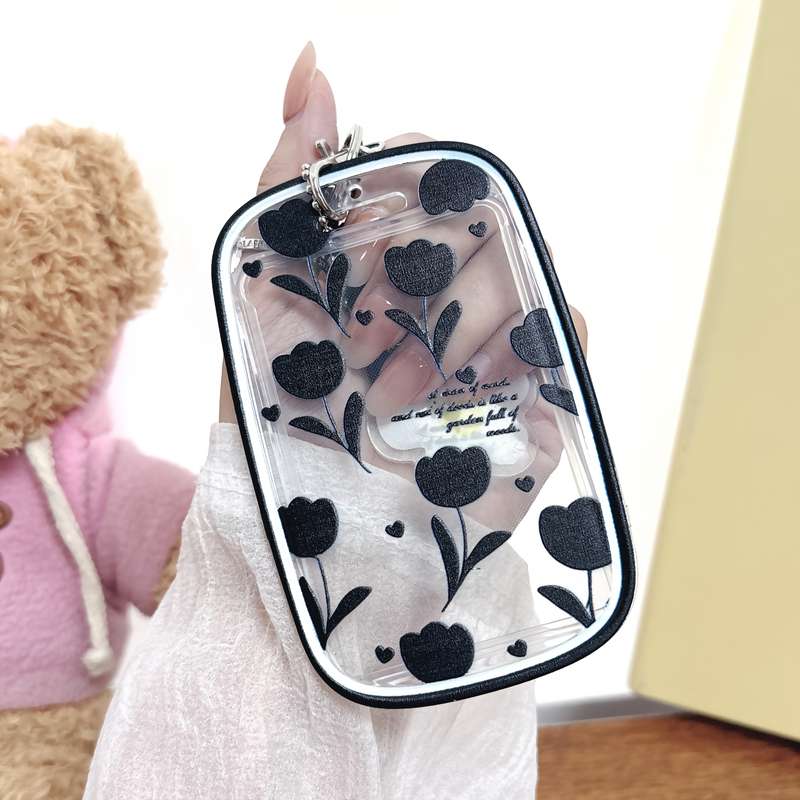 1pc Chic Black Tulip Floral Design Card Holder with Coiled Lanyard and Daisy Keychain Charm Durab