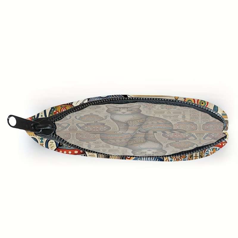 1pc Bohemian Style Cat Print Pouch Vibrant Floral Teapot Design Zipper Closure Polyester Mate
