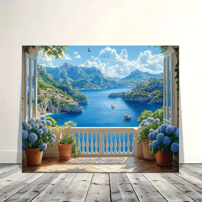 1pc Coastal Balcony Seascape Canvas Wall Art Woven Wooden Framed Print 29.97x39.88 cm Ideal for Livi