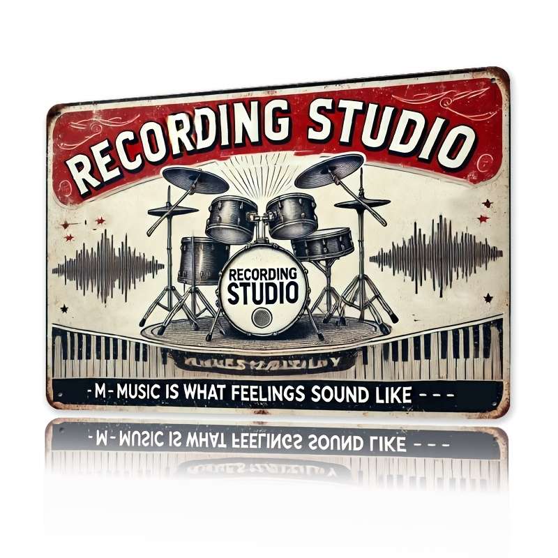 1pc  Vintage Recording Studio Metal Wall Sign 20.32x30.48 cm Retro Drum Set Microphone De
