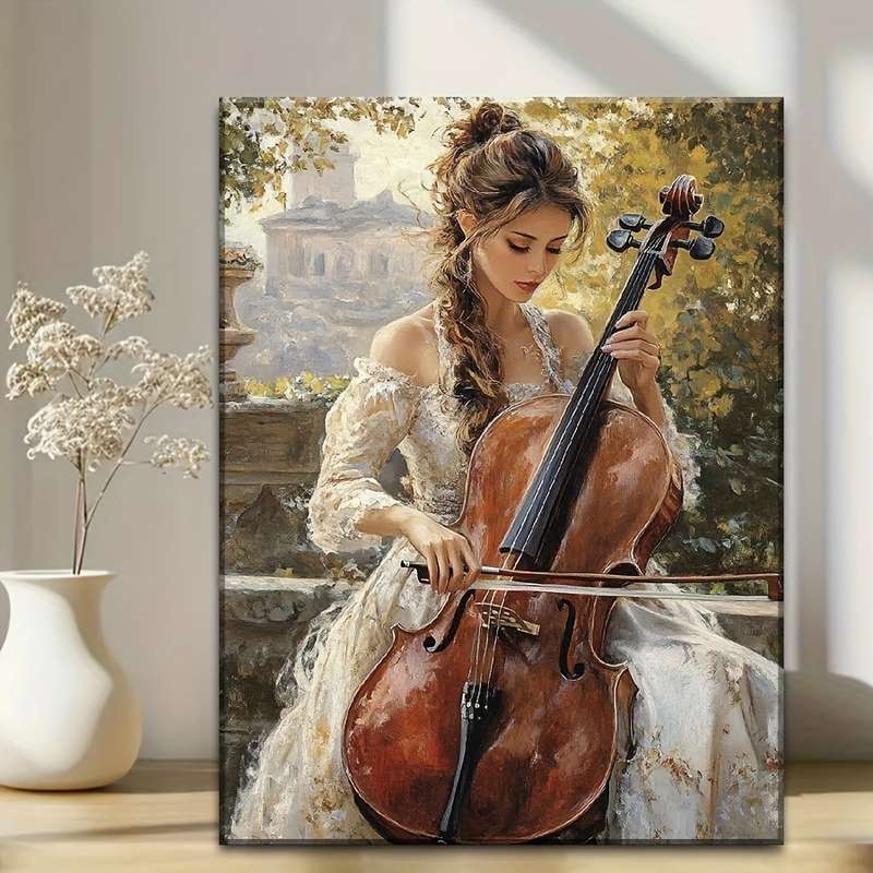 1pc Elegant Cello Player Canvas Art Print with Wood Frame Large Contemporary Musician Wall Decor