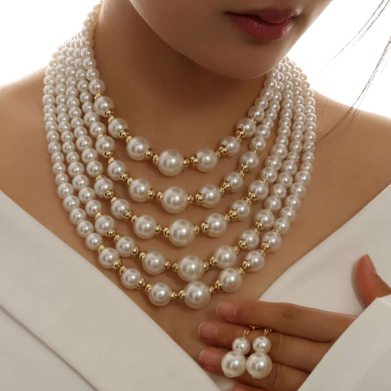 1 Set Of 14K Gold Plated Elegant Multi-Layered Faux Pearl Beaded Necklace And Earrings