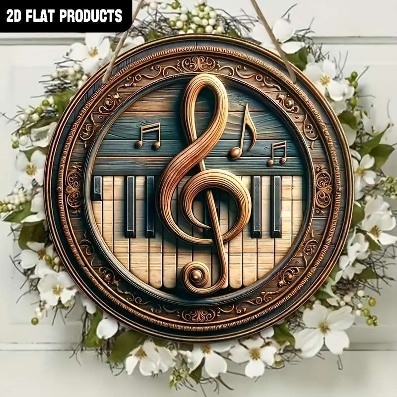 1pc  Vintage-Inspired Round Music Wall Decor Treble Clef Piano Keys Design in Wood Ideal fo
