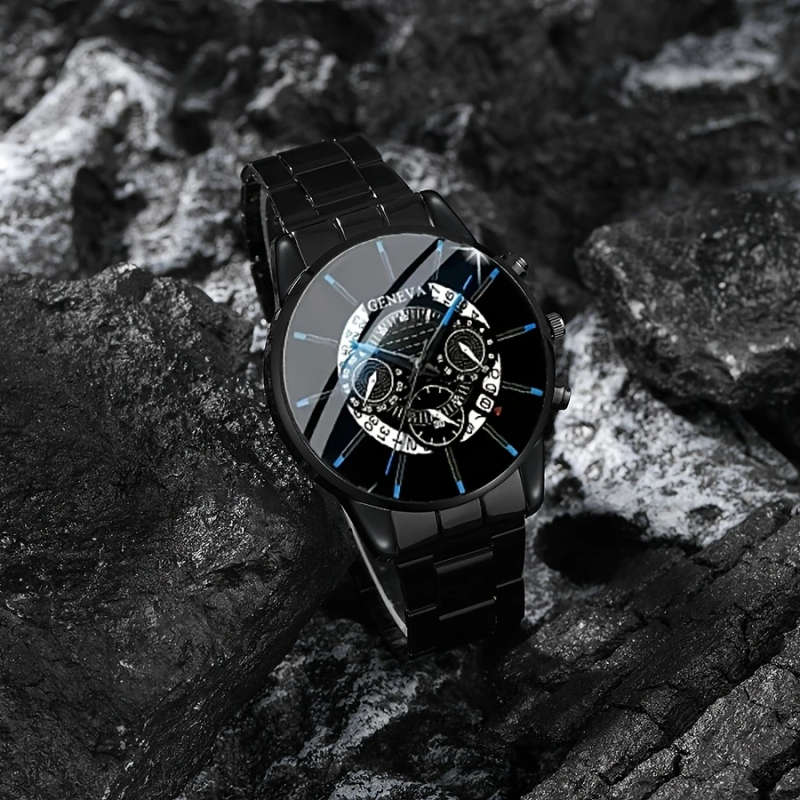 2pcs set Fashionable Men'S Watch Set Shockproof Quartz Wristwatch and Alloy Bracelet Round Case Non-
