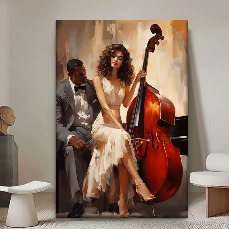 1pc  39.88x59.94 cm Jazz Club Canvas Wall Art Unframed Music Poster with Cellist Pianist Ar