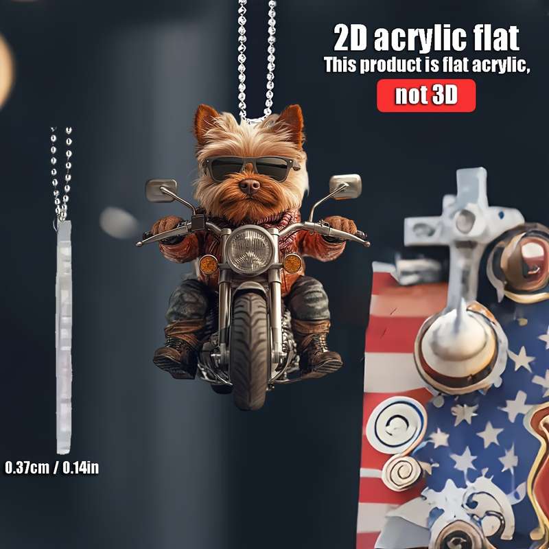1pc 2D Flat   Yorkshire Terrier Riding Motorcycle  Acrylic Hanging Ornament Flat Design with