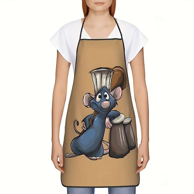 1pc Whimsical Mouse Drum Design Apron 100% Polyester Lightweight Kitchen Apron for Cooking