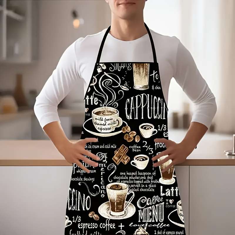 1pc Coffee-Themed Apron Black Polyester Colorful Espresso Latte Design Perfect for Home