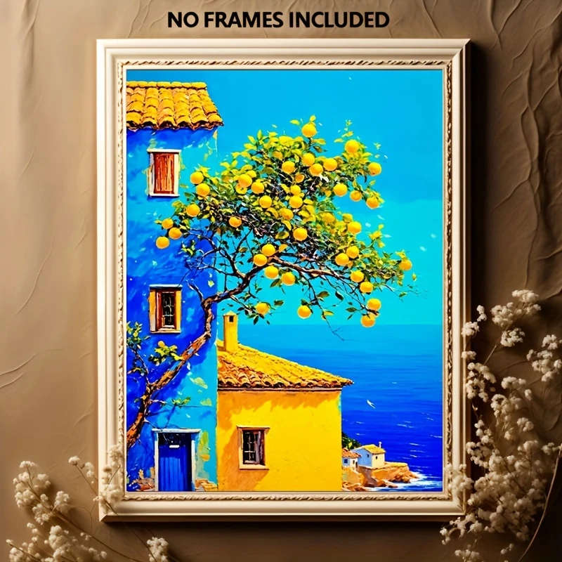 1pc Vibrant Mediterranean Landscape Canvas Print 30.48x40.64cm Artistic House and Fruit Tree Poster