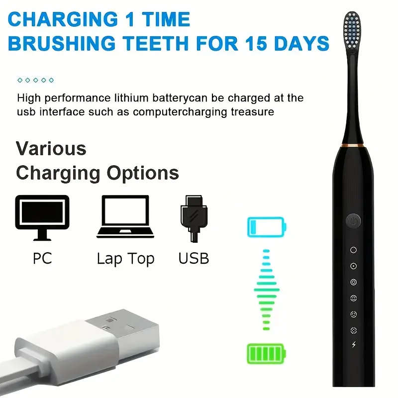 6-Speed Rechargeable Ultrasonic Toothbrush with Intelligent Timer