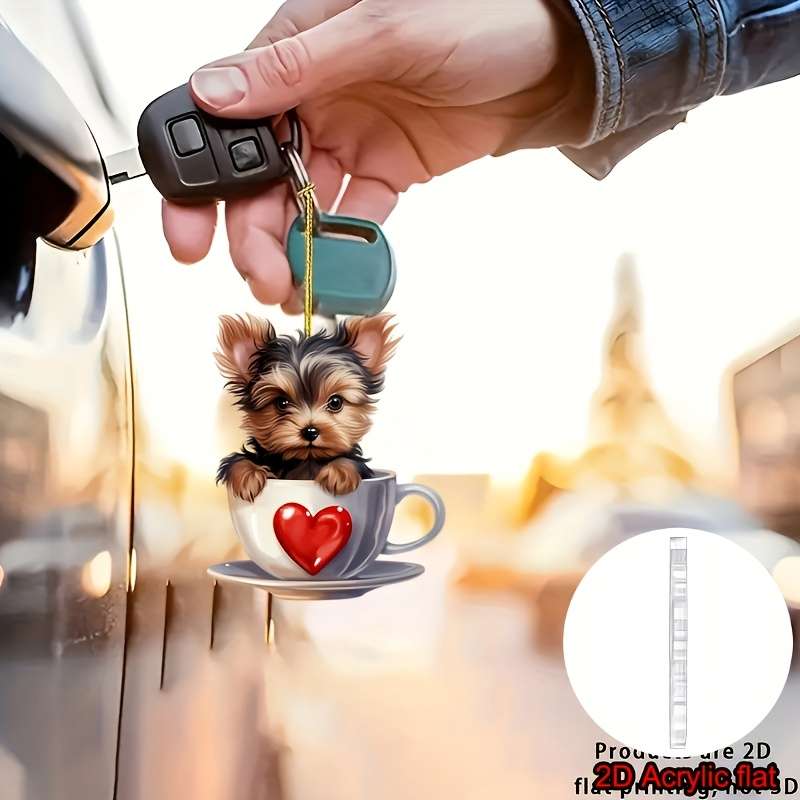 1pc 2D Flat  Adorable Yorkshire Terrier in Teacup Acrylic Pendant Versatile  Charm Hanger for H