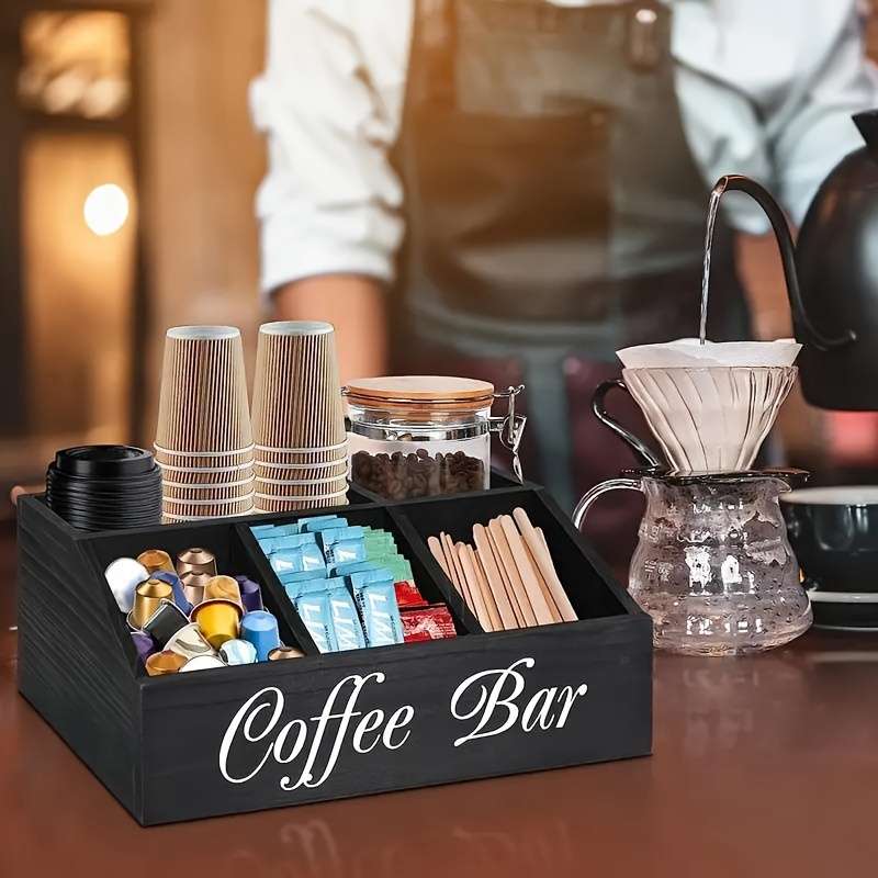 1pc Classic Wooden Coffee Bar Organizer Box Multi-Compartment Storage for Coffee Accessories