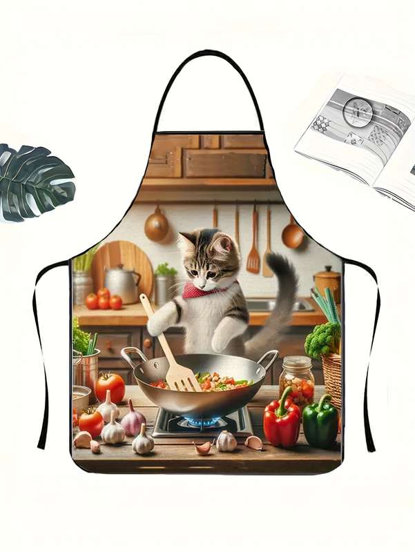 1pc Cartoon Cooking Cat Apron Casual Style 100% Polyester Non-Stretch Fabric Woven 150g m?