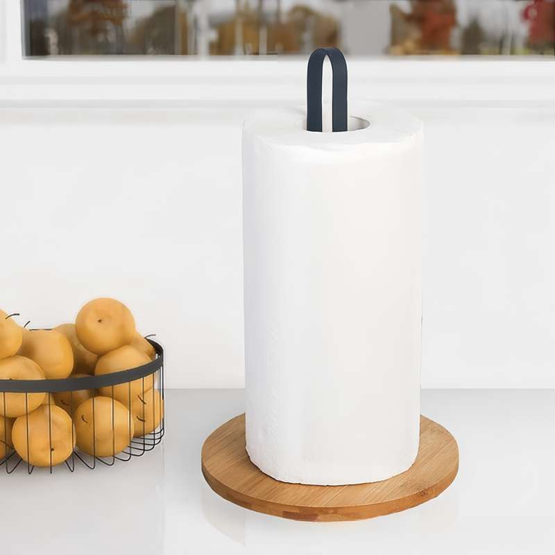 1pc Black Bamboo Kitchen Paper Towel Holder Vertical Storage Rack for Countertop Metal Tiss