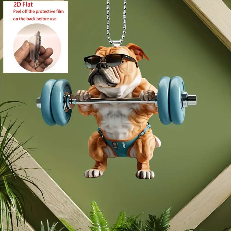 1pc 2D Flat   Funny Bulldog Acrylic Pendant with Glasses Dumbbells 7.98cm Fitness-Themed Ca